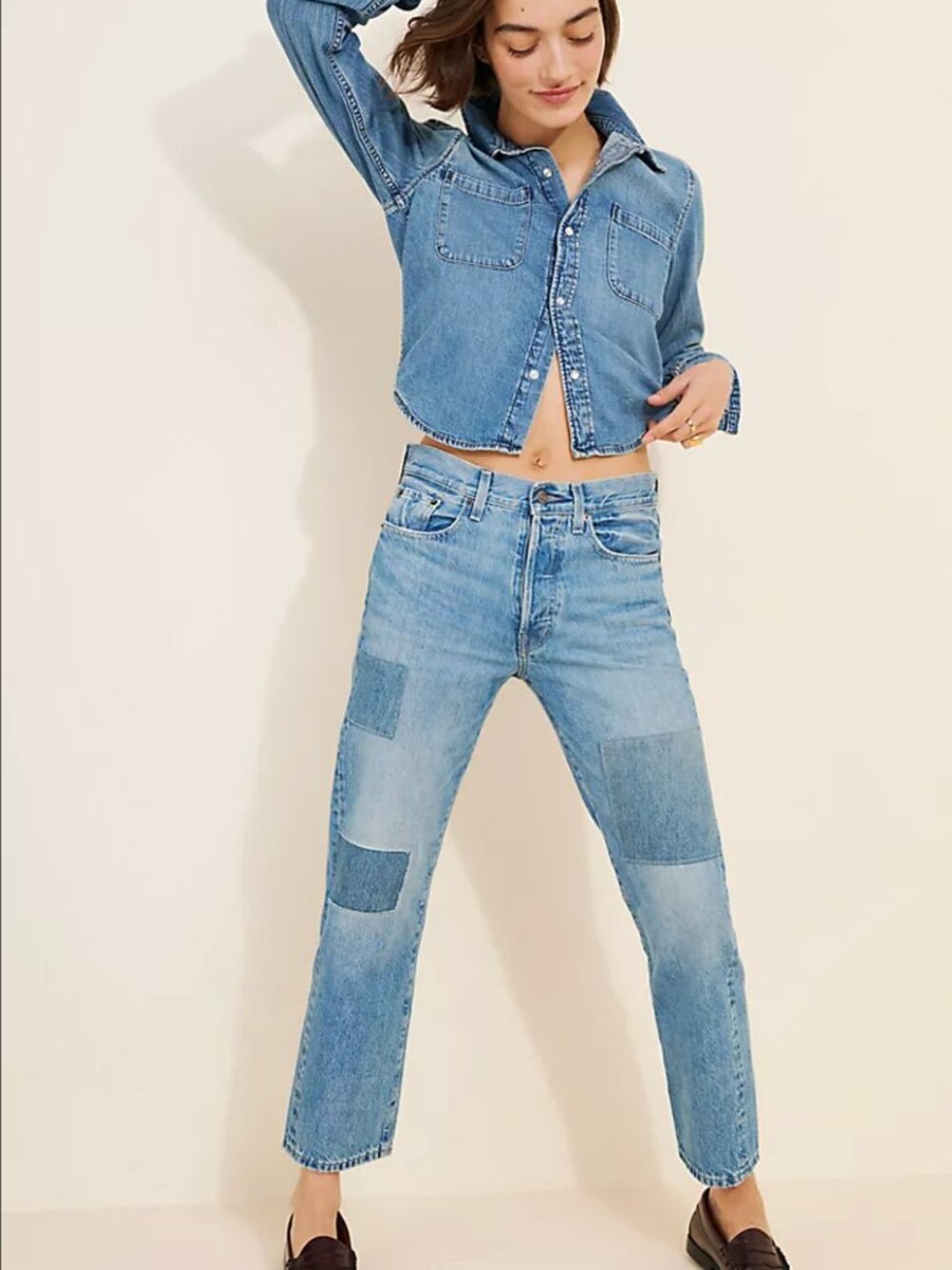 NWT Edwin Kali Black Patchwork Cotton Ankle Jeans in Light Blue Size 30